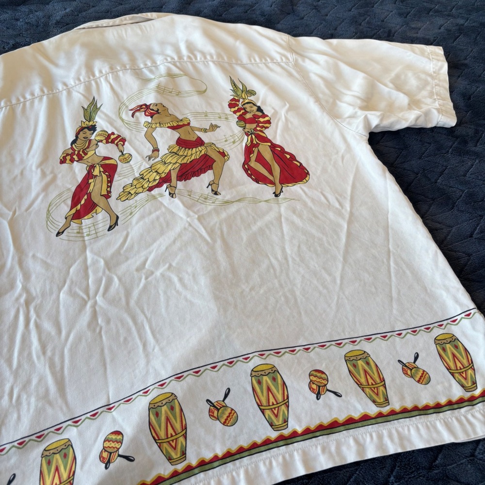 Tommy Bahama Mens Large Silk Camp Shirt Cream Cuban Dancers Conga Drums Tropical